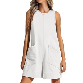 ANRABESS Womens Romper Casual Loose Sleeveless 2025 Summer One Piece Outfit Crewneck Short Jumpsuit Overall Outfits & Pockets, White, Medium