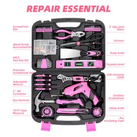 143 Pcs Pink Homeowner Tool Set with 3.6V Cordless Screwdriver General Household Hand Tool Kit with Plastic Tool box Storage Case for Women,Men