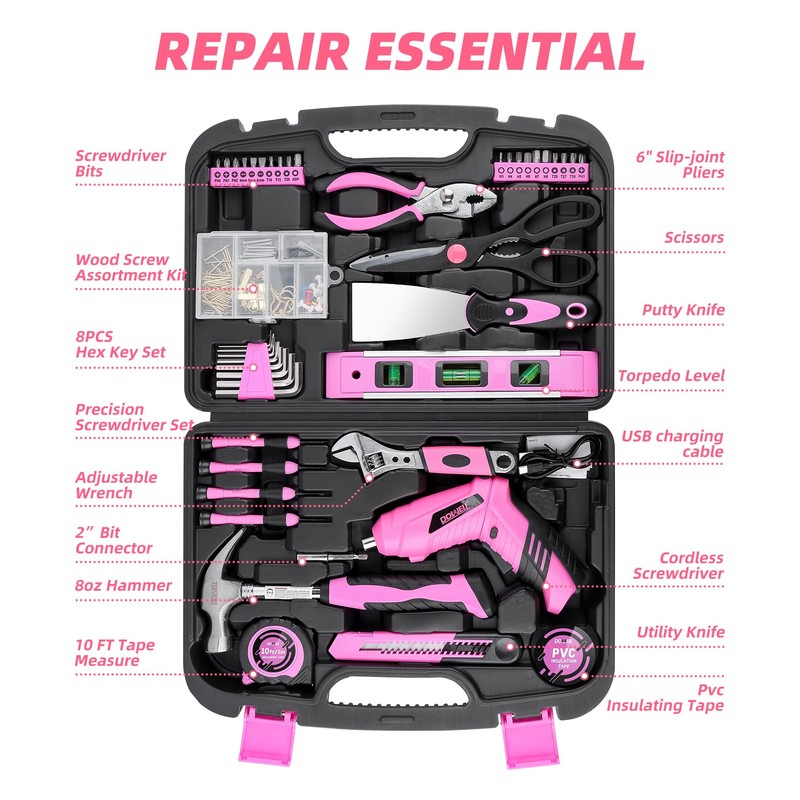 143 Pcs Pink Homeowner Tool Set with 3.6V Cordless Screwdriver