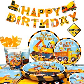 128pcs Construction Party Supplies Tableware Set-Construction Birthday Party Plates Cups Napkins Tablecloth Banner etc Construction Party Tableware for Dump Truck Excavator Construction Theme Party