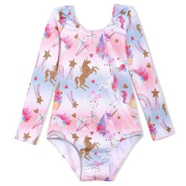 Domusgo Toddler Leotard Gymnastics Long Sleeve, Sparkly Tumbling Dance Leotards for Baby Girls Kids Teens 2-14 Years, Unicorn Rainbows Long Sleeves, 2-3 Years