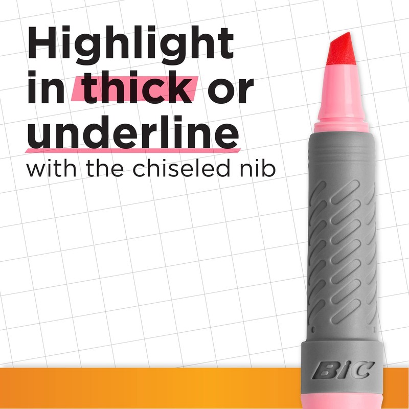 BiC Highlighter Grip, Highlighter Pens with Chisel Tip, Long-lasting, Ideal