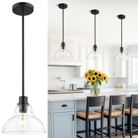 AUTELO Black Pendant Lights Kitchen Island, 1-Light Pendant Lights in Black Finish with Clear Drum Glass, Modern Pendant Light Fixtures, Hanging Lamp for Kitchen Island H2512 CLBK