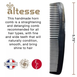 Altesse Antistatic Horn Comb with Smooth Rounded Teeth Handmade in France - 6.3 Inch