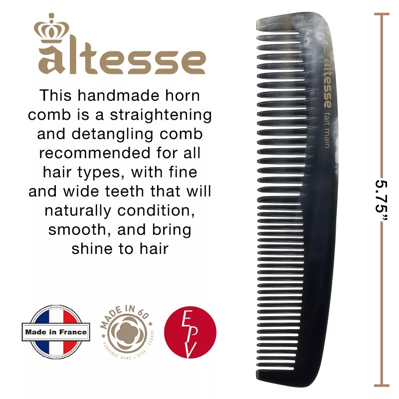 Altesse Antistatic Horn Comb with Smooth Rounded Teeth Handmade in