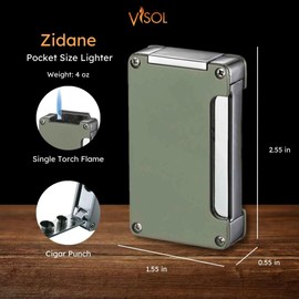 Visol Zidane Butane Torch Single Flame Refillable Gas Lighter, Built in Punch, Windproof Adjustable Flame Lighter with Free Engraving (Shipped Without Butane)