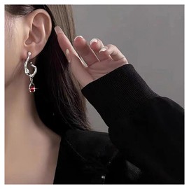 Allereya Vintage Ruby Crystal Earrings Teardrop Ruby Drop Earrings Red Gemstone Dangle Earrings Silver Chunky Irregular Hoop Stud Earrings Jewelry for Women and Girls