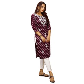 Ladyline Women's Cotton Leheriya Printed Kurti Tunic with Hakoba Embroidery | Knee Length 3/4 Sleeve Chikankari Embroidered Kurta | (CPEK HRZR) (36/ Wine)