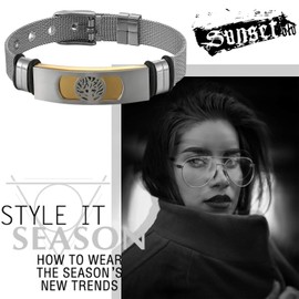 Flongo Men's Bracelet Men's Bangle Stainless Steel Bracelet for Men Bangle Tree of Life Tree of Life Mesh Band Chain Bracelet Silver Gold Black Adjustable, silica gel