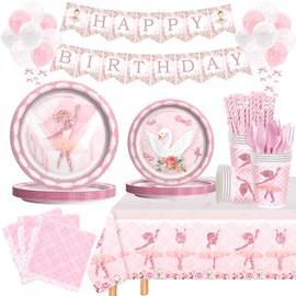 Costova Ballerina Birthday Party Decorations Tableware Set, 218 PCs Ballet Birthday Party Supplies with Dance Girl and Swan Plates, Napkins, Cutlery, Tutu Banner, Serves 24 Guests