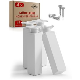 LouMaxx Furniture Feet Adjustable Square - Set of 4 40 x 40 x 150 mm in White with Mounting Plate - Feet for Furniture Made of Aluminium - High-Quality Cabinet Feet for Individual DIY Furniture