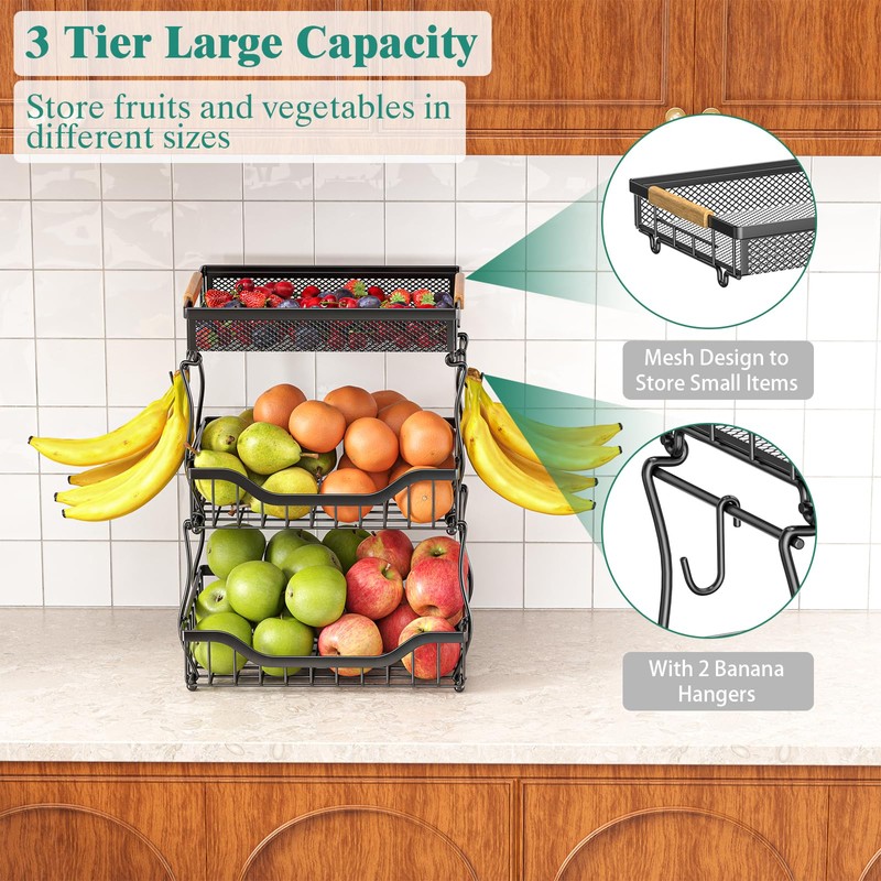 Giwil 3 Tier Countertop Fruit Mesh Basket for Kitchen, Vegetable