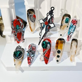 Press on Nails Handmade Luxury Long Style Almond Reusable Party Nail for Women and Girls 10pcs (Red Spider, M)