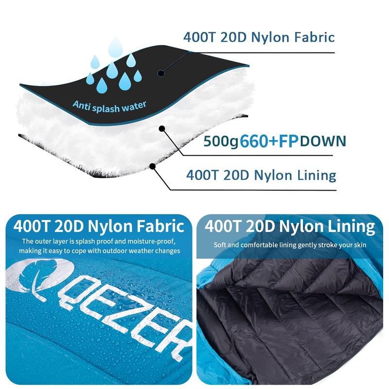 QEZER Down Sleeping Bag, Only 820 g, Lightweight Sleeping Bag,