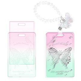 CameCosy Cute ID Badge Holder with Crystal Butterfly Bracelet, ID Name Slide Open Clear Badge Card Holder for Office/School ID Credit Cards (Dazzling Colorful Butterfly)