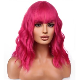 PATTNIUM Hot Pink Wig with Bangs for Women Short Curly Wavy Pink Wig Magenta Wig Dark Pink Wig Neon Pink Wig Girls Heat Resistant Synthetic Wig (Hot Pink)
