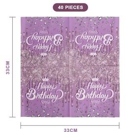 Happy Birthday Napkins, Pack of 40, Purple Diamond Birthday Napkin, Table Decoration, Party Decorations for Napkins, Children's Birthday, Woman, Girls, Birthday Party Decoration, 33 x 33 cm (Purple)