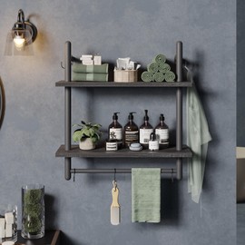 Bestier Floating Shelves Kitchen Shelves Wall Mounted 24" 2 Tier Ladder Shelves with Tower Bar, Wall Decor for Bathroom, Bedroom, Living Room, Coffee bar & Balcony - Charcoal Black