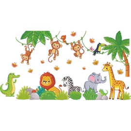Safari Animals Wall Decals, Jungle Theme Nursery Wall Stickers, 39.7x21 inches, Monkey Lion Giraffe Elephant Zebra for Kids Room Decor