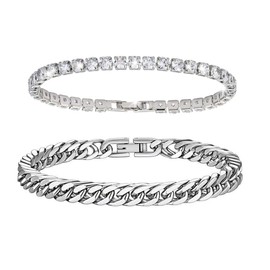 JJDreams Bracelet Set, Cuban Chain Bracelet with Elegant Silver Plated Tennis Bracelet,Cubic Zirconia Stones, Cool and Elegant Style as a Gift