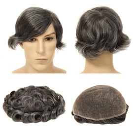 Topunique Mens Swiss Lace Toupee, #1B50 Natural Black with 50% Gray Hair 8x10 Inch Size Single-Knotted Invisible Hairline Remy Human Hair Piece