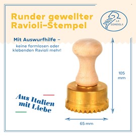 La Gondola Ravioli-Stempel - Rund Gewellt 65mm | Italienisches Pasta-Werkzeug für Zuhause und gewerbliche Küche | Messing & Naturholz Einfach zu verwenden | Tortellini Ravioli Ausstecher Made in Italy