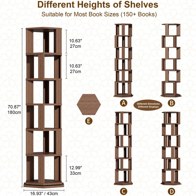 BACEKOLL Rotating Bookshelf Tower, 6 Tier Spinning Book Shelf, Wood