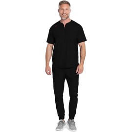 Cherokee Scrubs for Men Zip Henley Top with 3 Pockets & 360° Stretch Fabric - CK812, S, Black