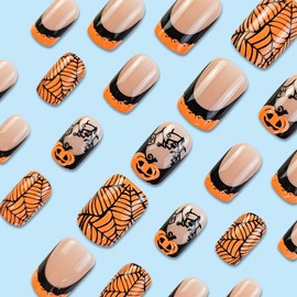 24PCs French Press on Nails with Cobweb & Pumpkin Designs - Fake Nails in Yellow, Medium Square Size, Natural Glue, For Women & Girls