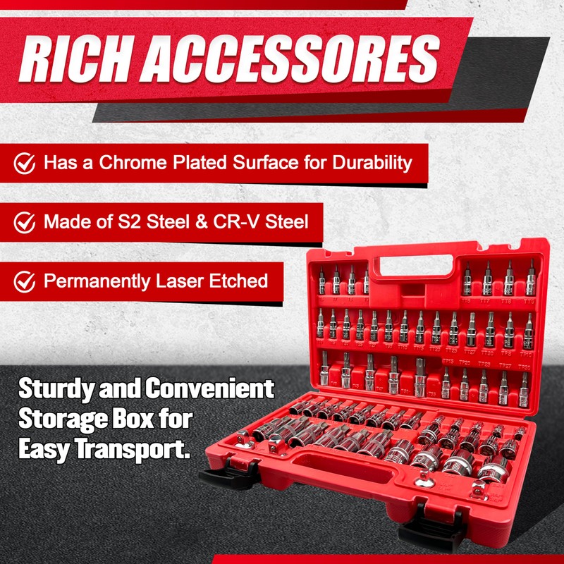 EACELIY 64PCS 1/4,3/8&1/2” Master Torx Bit Socket Set and External
