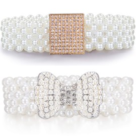 Rose Buckle Pearl Belt Elastic Bridal Waist Chain,Shiny Floral Beads String for Wedding Dress,Cute