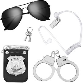 4 Pcs Police Badge and Toy Handcuffs Set,Police Pretend Play Toy Set,Police Costume Accessories Includes Sunglasses,Badge,Handcuffs and Ear Piece for Dress Up Theme Party
