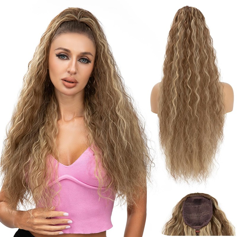 YUMOREAL Drawstring Ponytail Extension 26inch Long Fluffy Wavy Hairpiece for