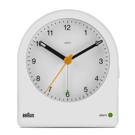 Braun classic analogue alarm clock with snooze and continuous backlight, quiet quartz movement, crescendo beep alarm in white, model BC22W