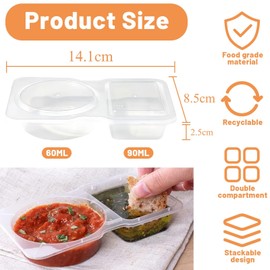 WEELOO Double Compartment Seasoning Container with Lid, 25PCS Double Compartment Transparent Integrated Sauce Box, Reusable Small Seasoning Cup, Sauce Seasoning Container