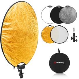WELLMAKING 32 Inch (80cm) Reflector Photography, Collapsible Light Reflector with Threaded Handle & tilt Adapter, 5 in 1 Handle Reflector for Lighting -Translucent, Silver, Gold, White and Black