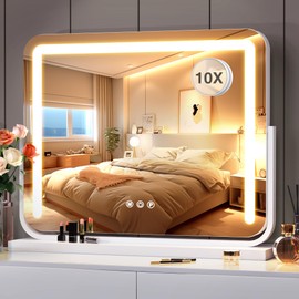 Vanity Mirror with Lights 21"×15.7" LED Makeup Mirror,Dimmable Smart Touch Control Mirror with Lights for Bedroom Tabletop,10X Magnifier &360° Rotation,Vanity Mirror Square White,Ideal Gifts for Her