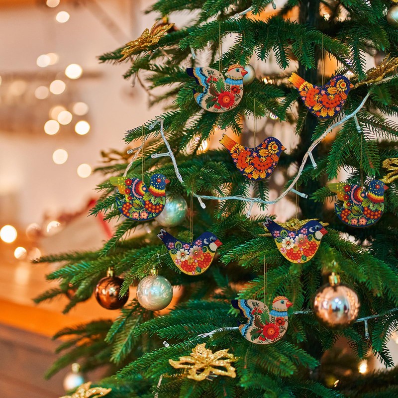 Arrowbash 16 Pcs Christmas Floral Bird Ornament Wooden Flat Ukrainian