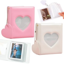 2PCS Mini álbum De Fotos, BetterJonny corazón hueco álbum de fotos Kpop Soporte para tarjetas fotográficas con colgante, 64 Pockets 3 Pulgadas, Blanco y rosa