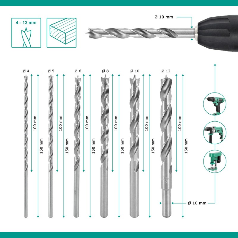 ENT 09256 6-Piece Wood Drill Bit Set HSS-G Diameter 4-12