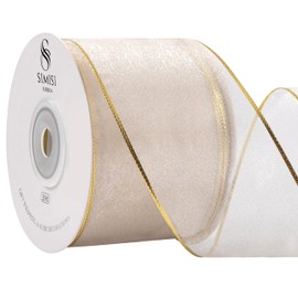 Ivory Christmas Ribbon Wired Sheer Organza Ribbon with Gold Sliver Border for Christmas Tree, 2.5 Inch 25 Yards