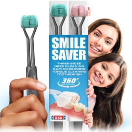 SMILE SAVER 360° Deep Clean 3-Sided Toothbrush | 2-Pack | Deep Cleaning + Gentle Gum Massage + Tongue Cleaner | Adults Children Braces Travel Gift Kids (Teal & Pink - Charcoal Handles)