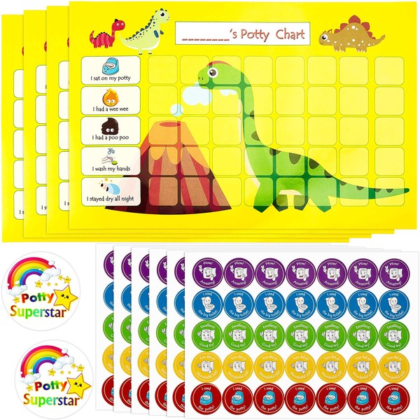 Outus 12 Pieces Potty Training Reward Chart Set Includes 4 Pieces Dinosaur Reward Charts, 6 Sheets 210 Pieces Potty Training Stickers and 2 Pieces Potty Badges for Boys Girls Toddlers