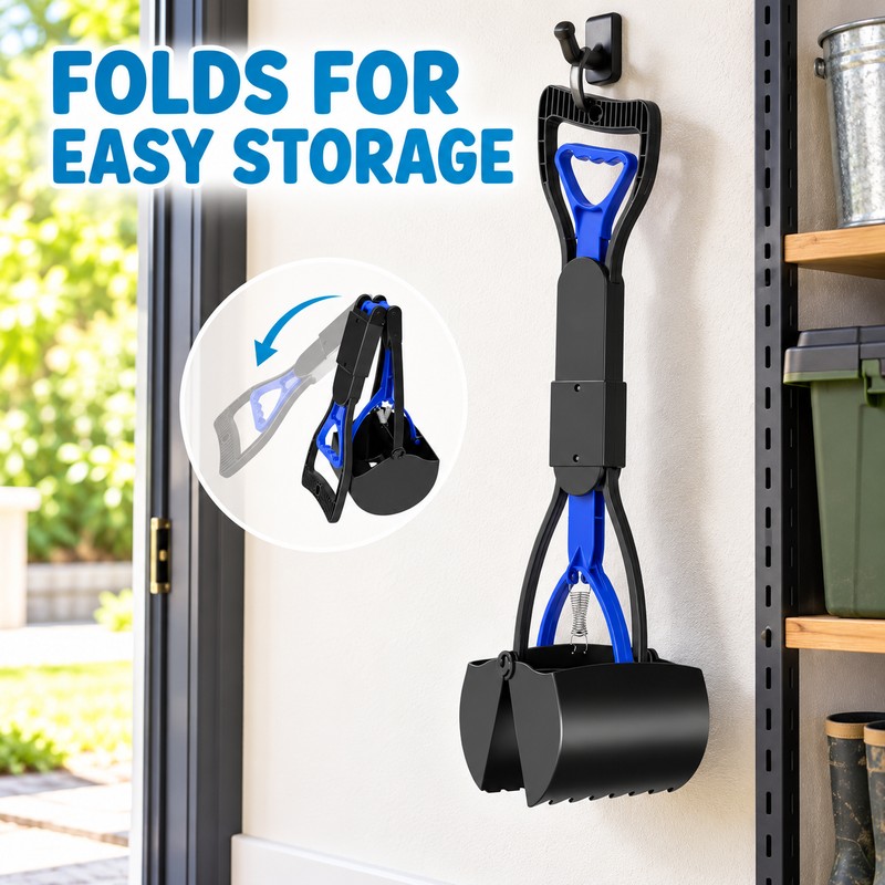 23.6-Inch Folding Dog Pooper Scooper with Long Handle, Spring-Loaded Claw