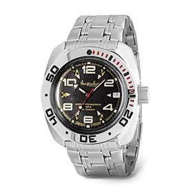 Vostok | Amphibian Automatic Self-Winding Russian Diver Wrist Watch | WR 200m | Amphibia 710335 | Black Dial 40mm Mechanical Watch | Luminous dots | Steel Bracelet
