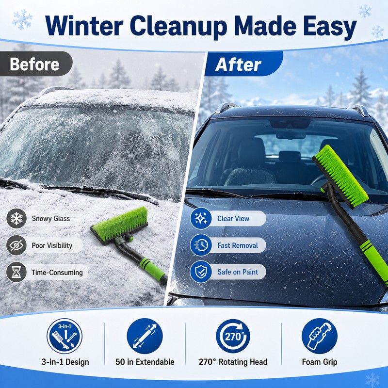 3-in-1 Extendable Snow Brush for Cars – 50-Inch Rotating Ice