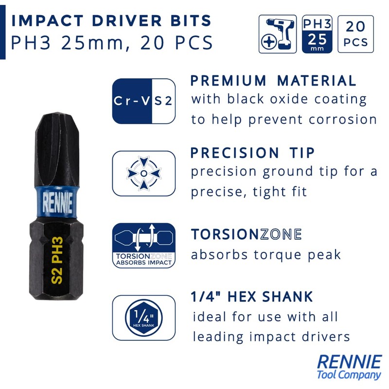 20 x Rennie Tools 25mm Long PH3 Impact Screwdriver Driver