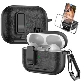 Fofvccv for AirPods Pro 2nd / 1st Lock Clip Leather Case with Carabiner, Support Wireless Charge with Stand Rugged Protection Cover for AirPods Pro 2, PWJ Black
