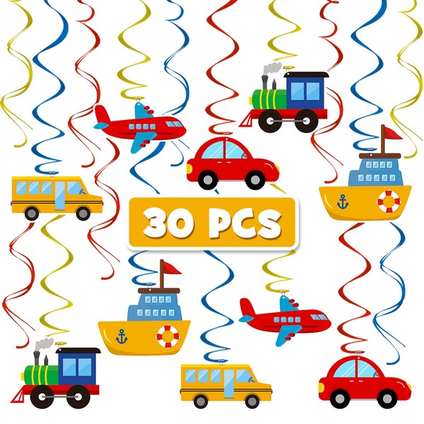 30 PCS Transportation Birthday Party Hanging Swirl Decorations Car Theme Birthday Party Supplies Vehicles Party Spiral Supplies for Boys Baby Shower Party Ceiling Decor Mix of Car Bus Train Plane Ship