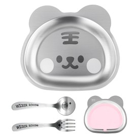 Vicloon Stainless Steel Baby Suction Plate with Spoons and Forks, Toddler Feeding Set, Non-Slip Tableware Set for Toddlers & Kids, BPA-Free